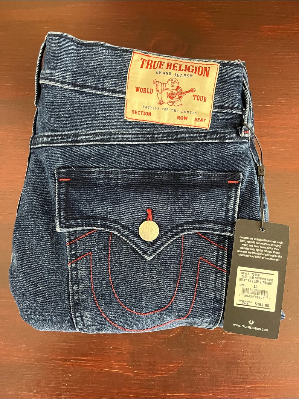 True Religion Ricky SN Flap Straight Jeans Men's 32x34 Dark Shivering Wash NWT